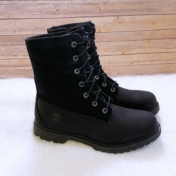 Timberland Women’s Authentics Teddy Fleece Waterproof Fold Down Black Boots - Picture 2 of 9